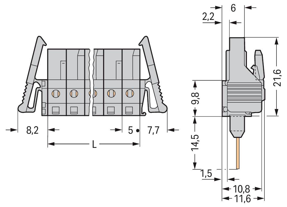 Technisches Schaltbild eines Steckverbinders mit Abmessungen: 8,2, 7,7 und L mm breit, 6 mm tief. Höhen: 9,8, 14,5 und 11,6 mm.