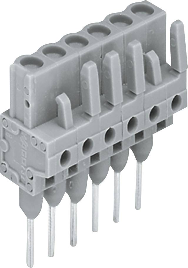 Grauer 5-poliger Elektrostecker mit Montagelaschen und Stiften zur Leiterplattenmontage. Entwickelt für sichere elektrische Verbindungen.