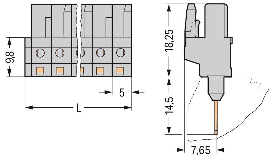 Technische Zeichnung eines Steckers: Vorderansicht mit den Abmessungen 9,8, L, 5; Seitenansicht mit den Abmessungen 18,25, 14,5, 7,65.