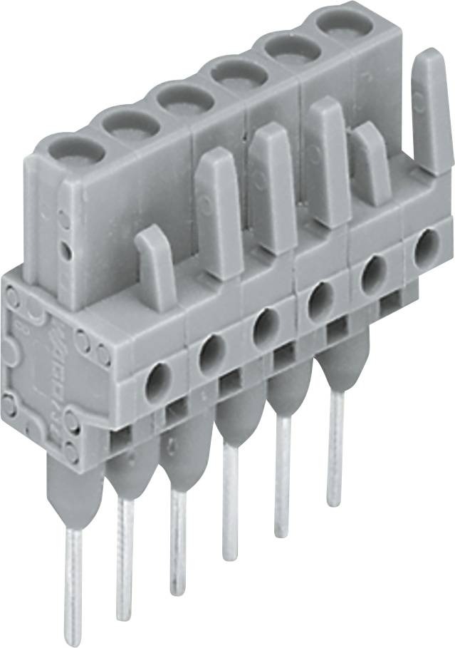 Ein grauer, mehrstiftiger elektronischer Stecker mit sechs Löchern und entsprechenden Stiften.