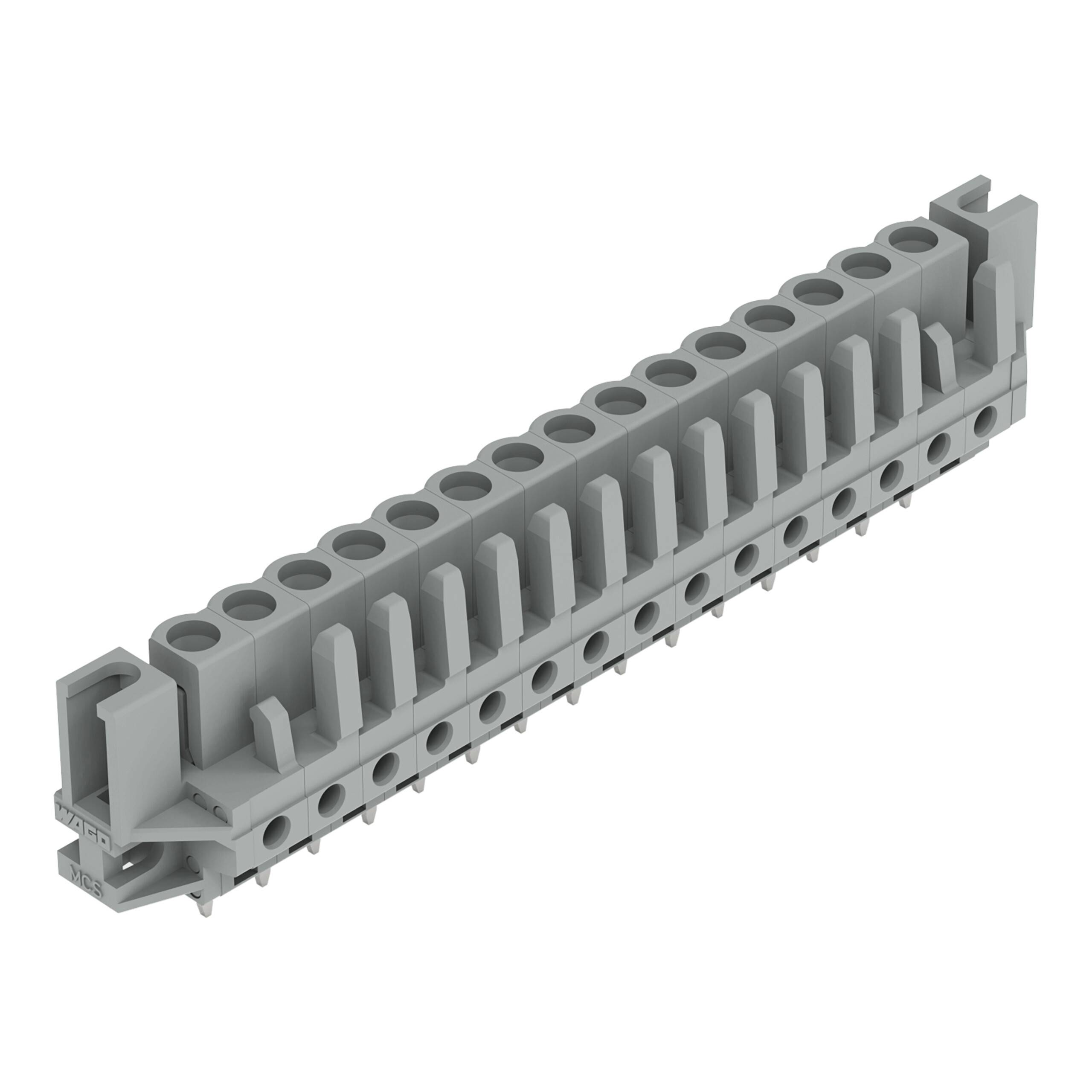 Graues Elektro-Klemmleistenblock, lineares Design mit mehreren Anschllusspunkten, verwendet zur Verdrahtung und Schaltungsverbindungen in Elektroverteilern.