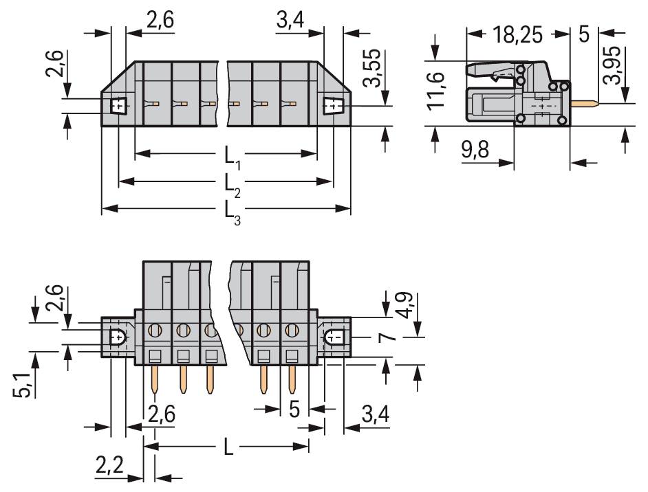 Technisches Diagramm eines mehrpoligen elektrischen Steckers mit Abmessungen in Millimetern gekennzeichnet, dargestellt in Front-, Seiten- und Draufsicht.