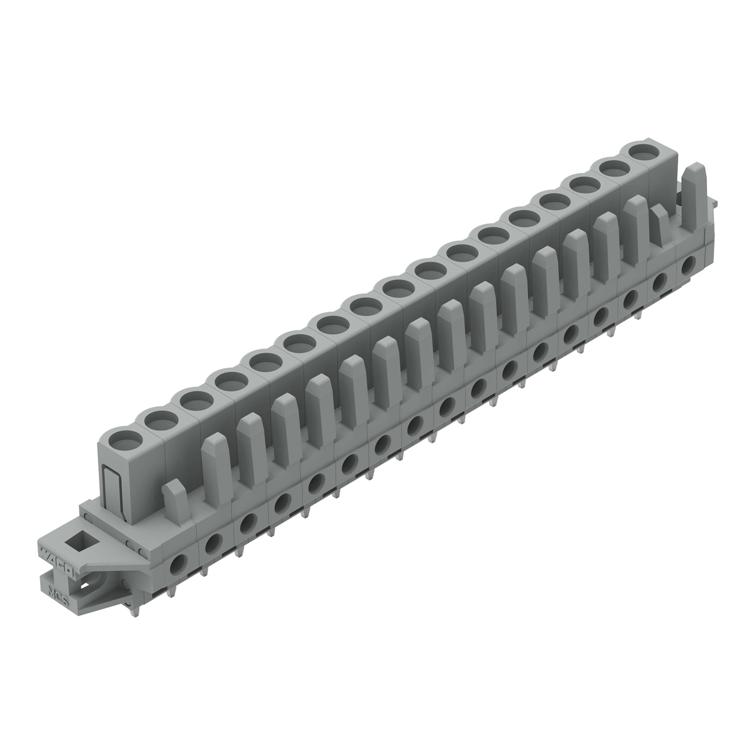 Ein grauer Klemmleistenblock mit mehreren Anschlüssen, entwickelt zum Organisieren und Sichern von elektrischen Drähten in einem Elektroschaltschrank.