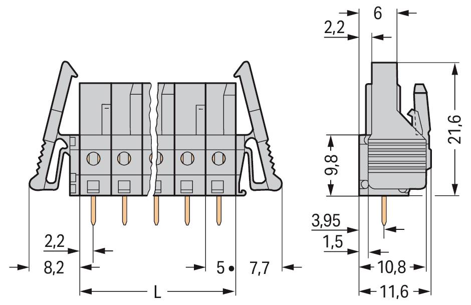 Technische Zeichnung eines Steckverbinders mit Abmessungen: Höhe 21,6 mm, Breite 11,6 mm, Länge variabel (L) und Rastermaß 5 mm.