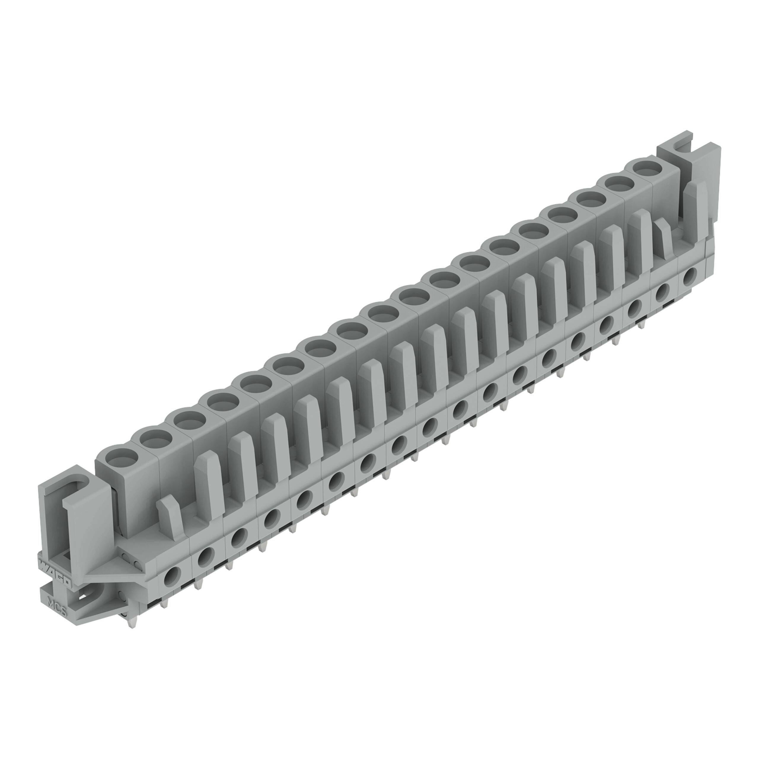 Ein grauer Klemmenblock mit mehreren Anschllusspunkten, mit einem kompakten, rechteckigen Design für elektrische Anwendungen.