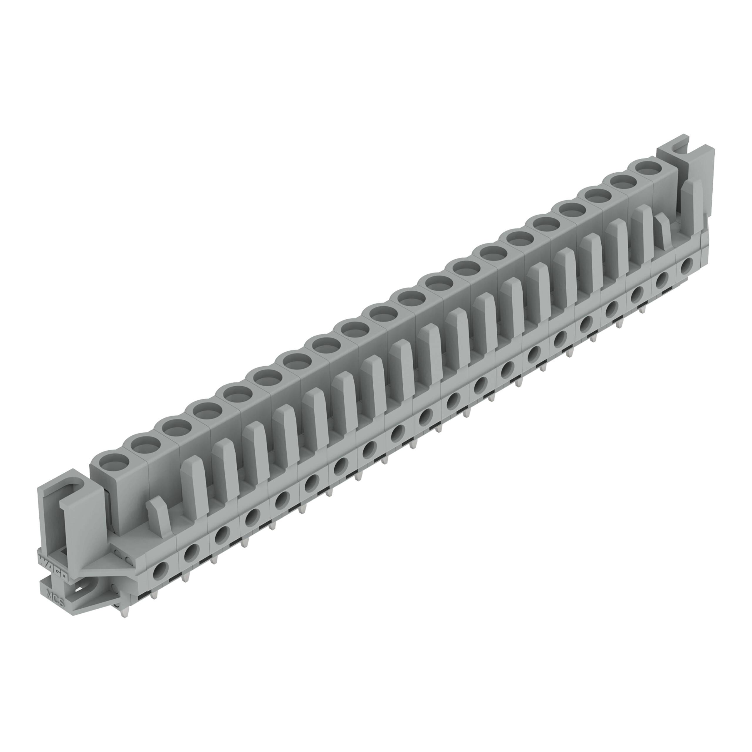 Ein grauer Klemmenblock mit mehreren Anschlüssen für die Elektroverkabelung, mit kompaktem, modularem Design.