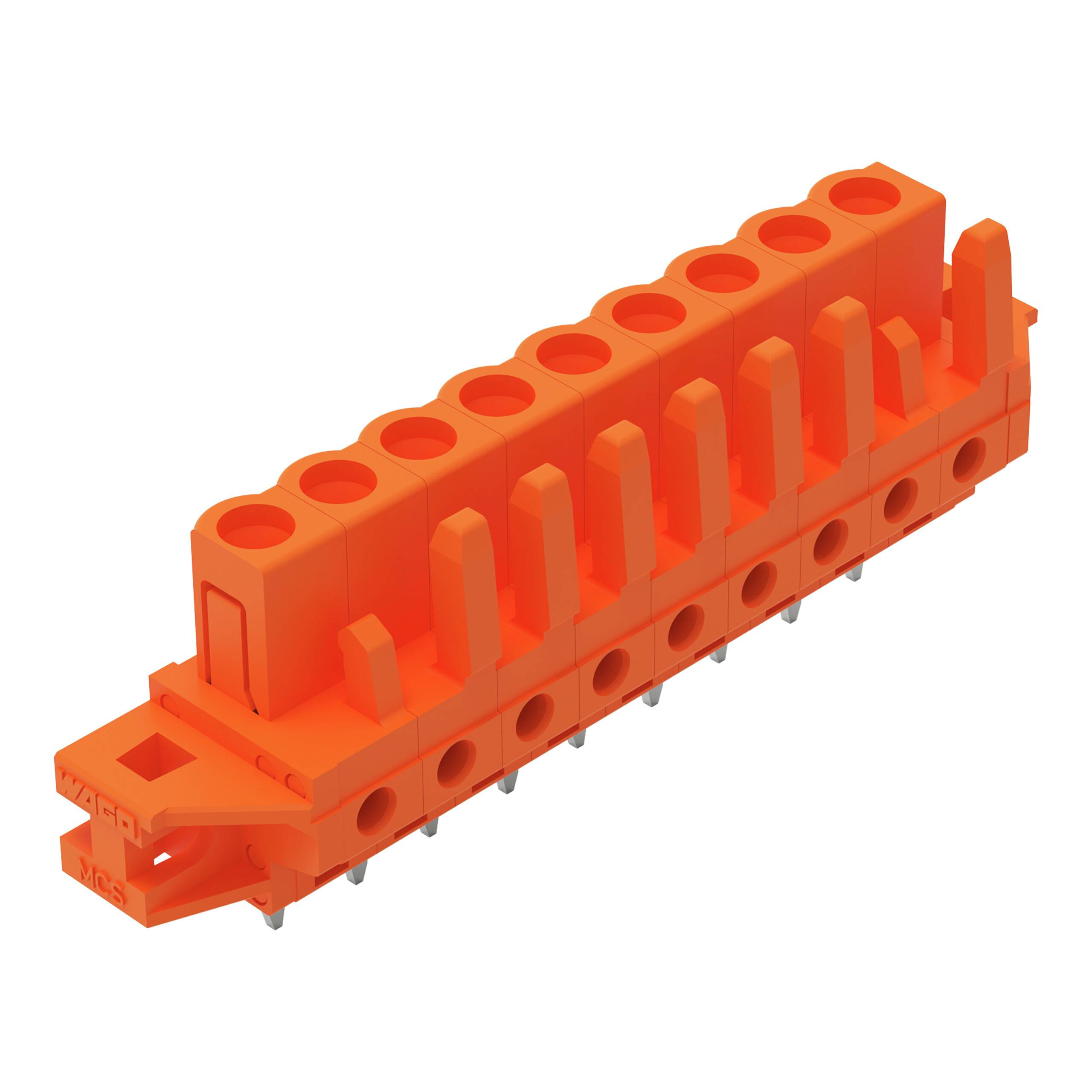Orangefarbener Klemmleistenverbinder mit mehreren Schlitzen zur Verdrahtung, speziell für elektronische Leiterplatten konzipiert, mit Anzeige der Steckerkonfiguration.