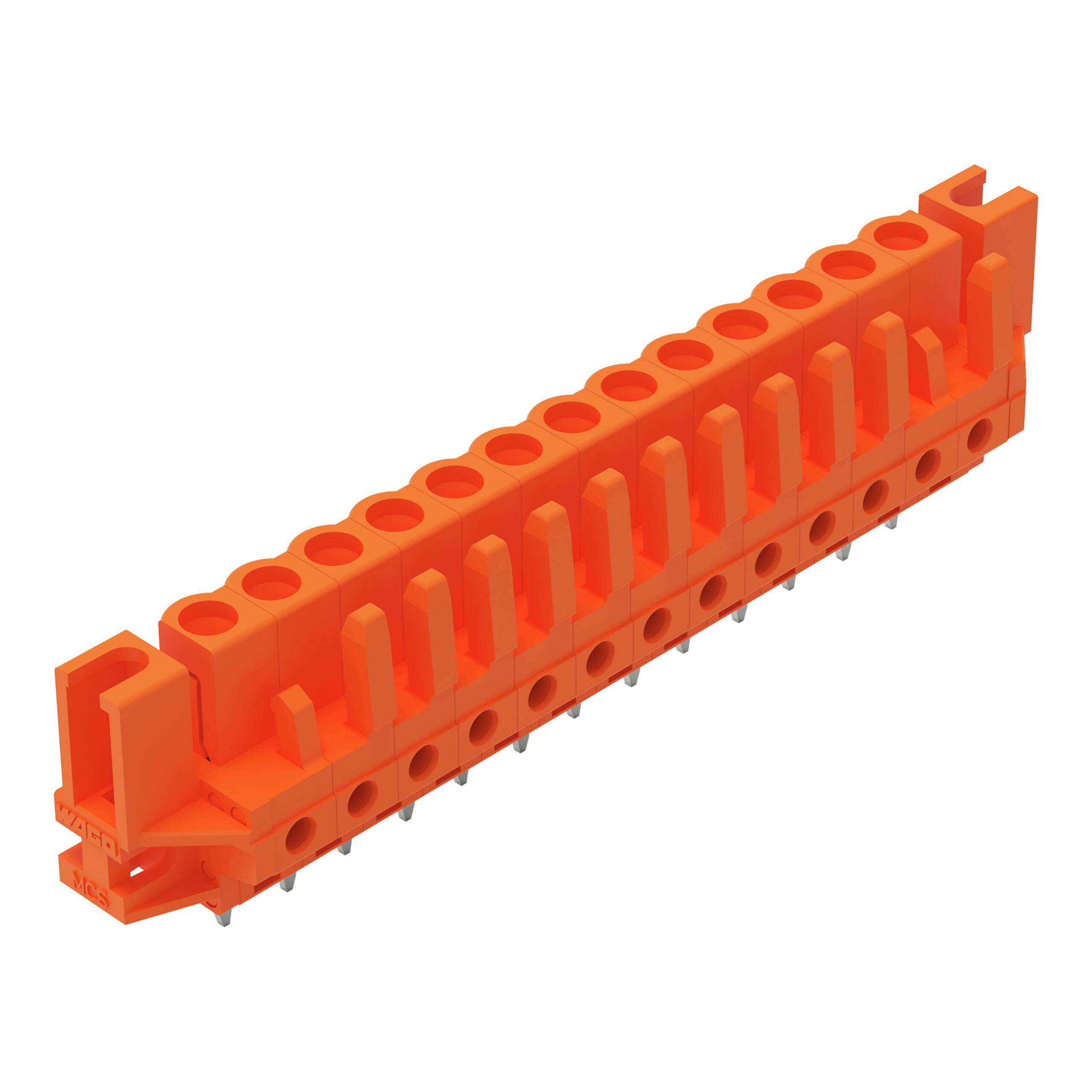 Orange elektronischer Steckverbinder mit mehreren Anschlüssen zur Leiterplattenmontage, mit abgeschrägter Kante und gleichmäßiger Anordnung.