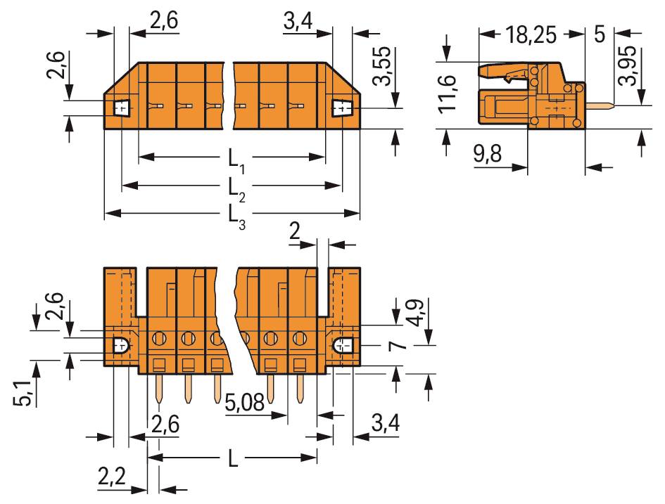 Technische Zeichnung eines orangefarbenen Elektrosteckers mit Abmessungen in Millimetern. Zeigt Draufsicht und Seitenansicht mit hervorgehobenen verschiedenen Messwerten.