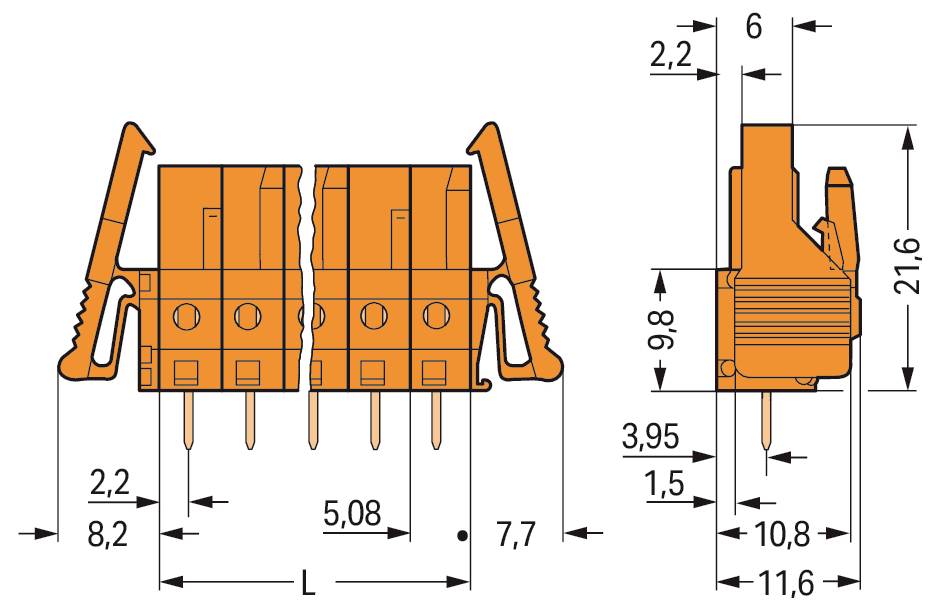 Technische Zeichnung eines orangefarbenen Elektrosteckers. Die Seitenansicht zeigt einen Doppelschlitz mit Abmessungen in Millimetern für Breite, Höhe und Abstände.