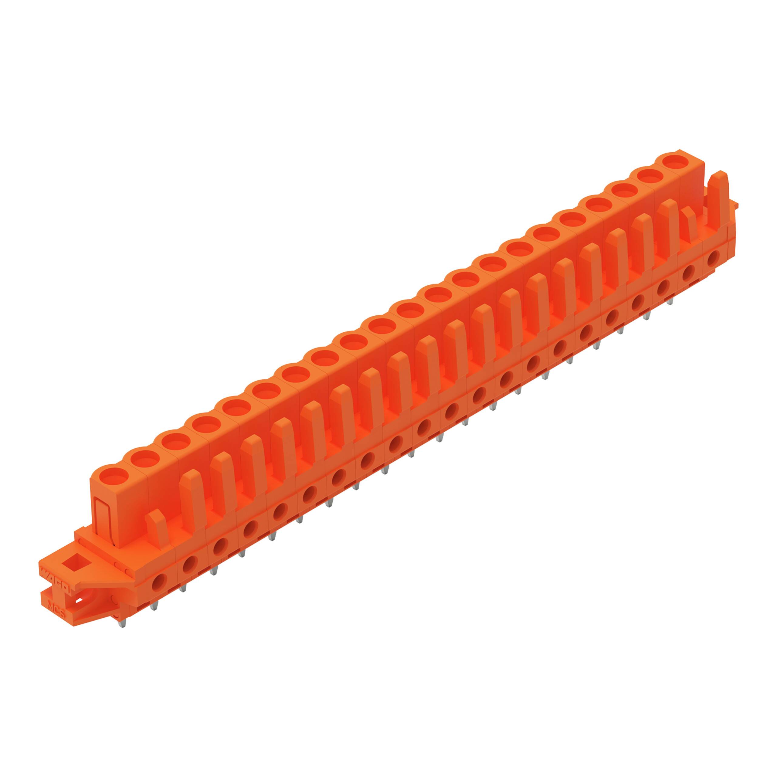 Oranges Klemmleistenconnector mit mehreren Steckplätzen, verwendet für Verdrahtungsverbindungen in Anwendungen der Elektrotechnik.