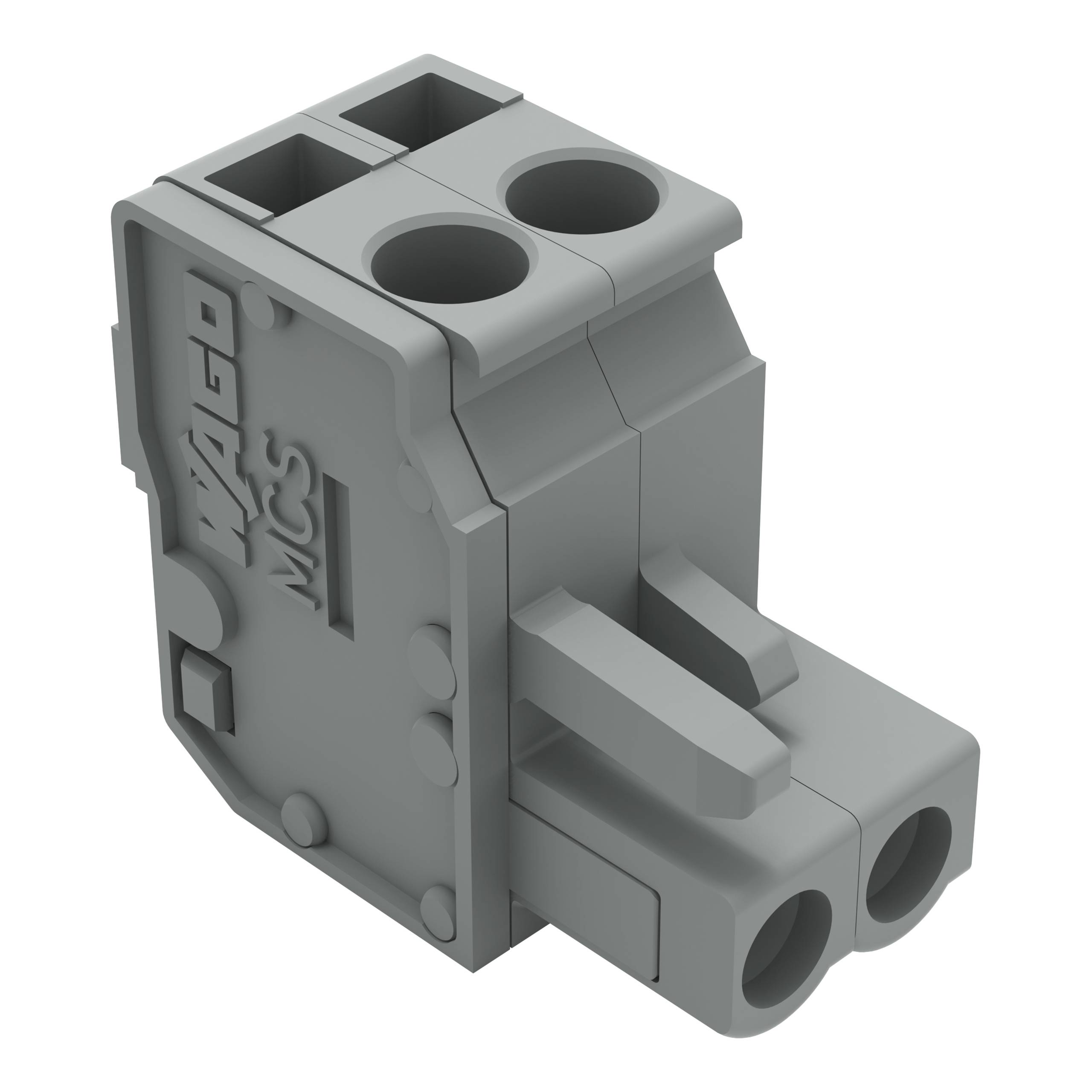 Ein grauer Elektrostecker mit zwei Anschlussöffnungen und dem Schriftzug 