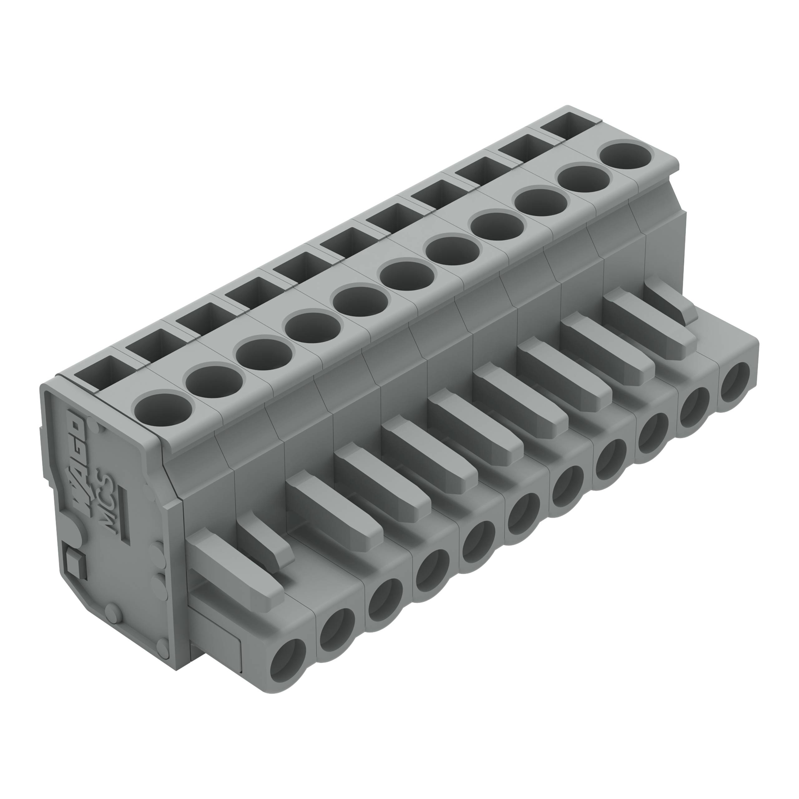 Graues Elektroklemmenblock mit mehreren Anschlussöffnungen und 