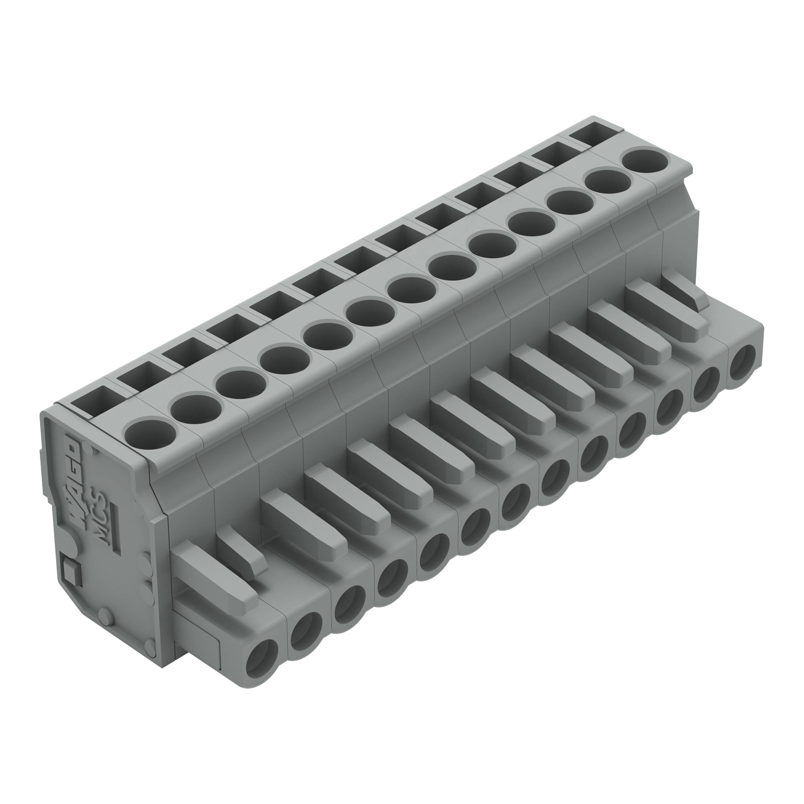 Ein grauer elektronischer Verbindungsblock mit mehreren zylindrischen Anschlüssen für elektrische Verbindungen, in einer Schrägansicht dargestellt, wobei sein Design hervorgehoben wird.