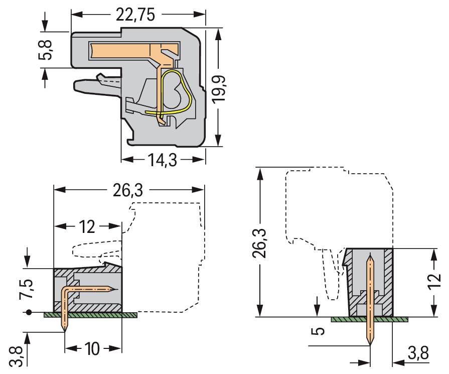 Querschnittsdiagramme eines mechanischen Bauteils mit Maßangaben in Millimetern, die interne und Grenzbereiche für Montagereferenz zeigen.