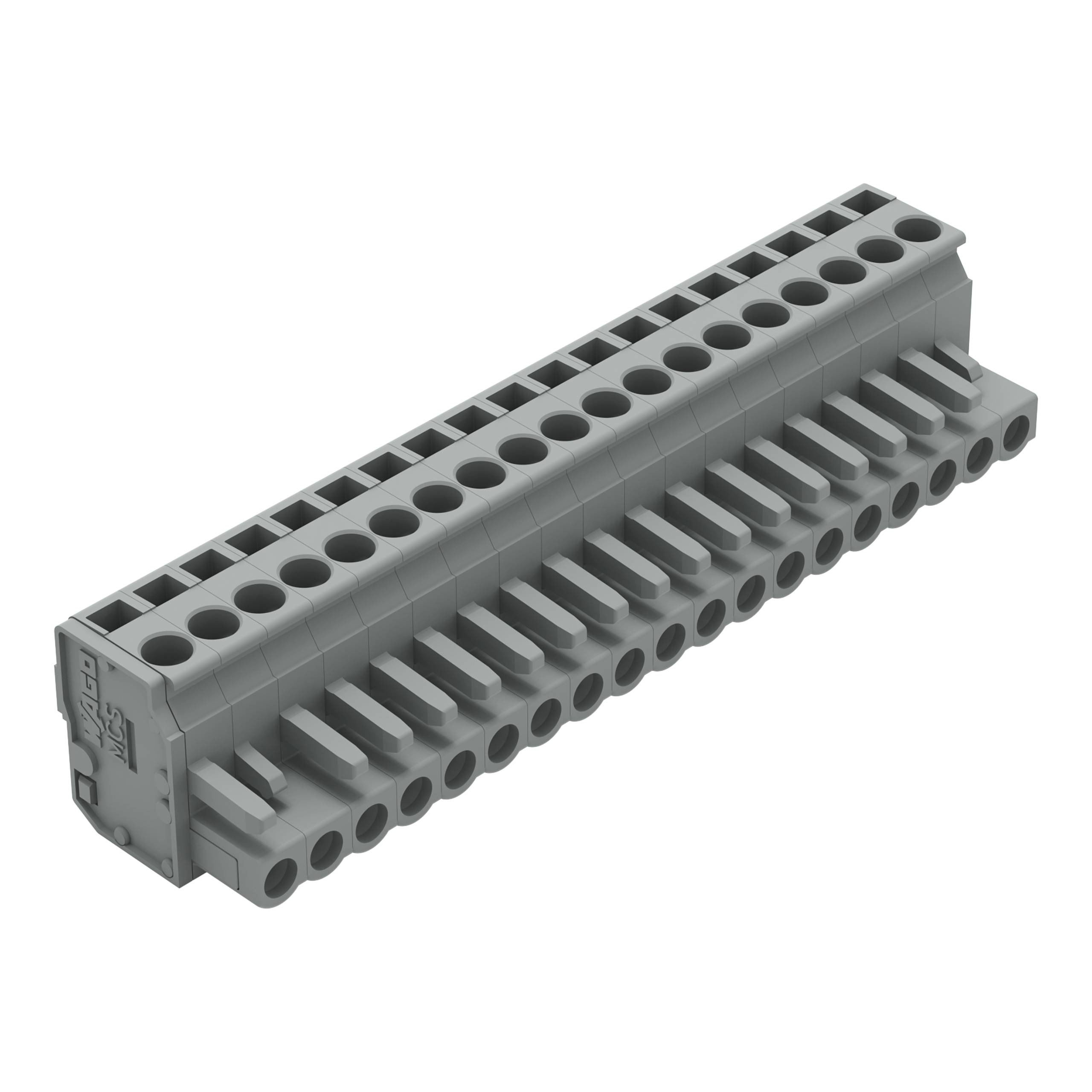 Ein grauer LEGO-Stein, rechteckig und länglich, mit mehreren runden Noppen oben und einer geneigten Seite mit gestaffelten Verbindungen.