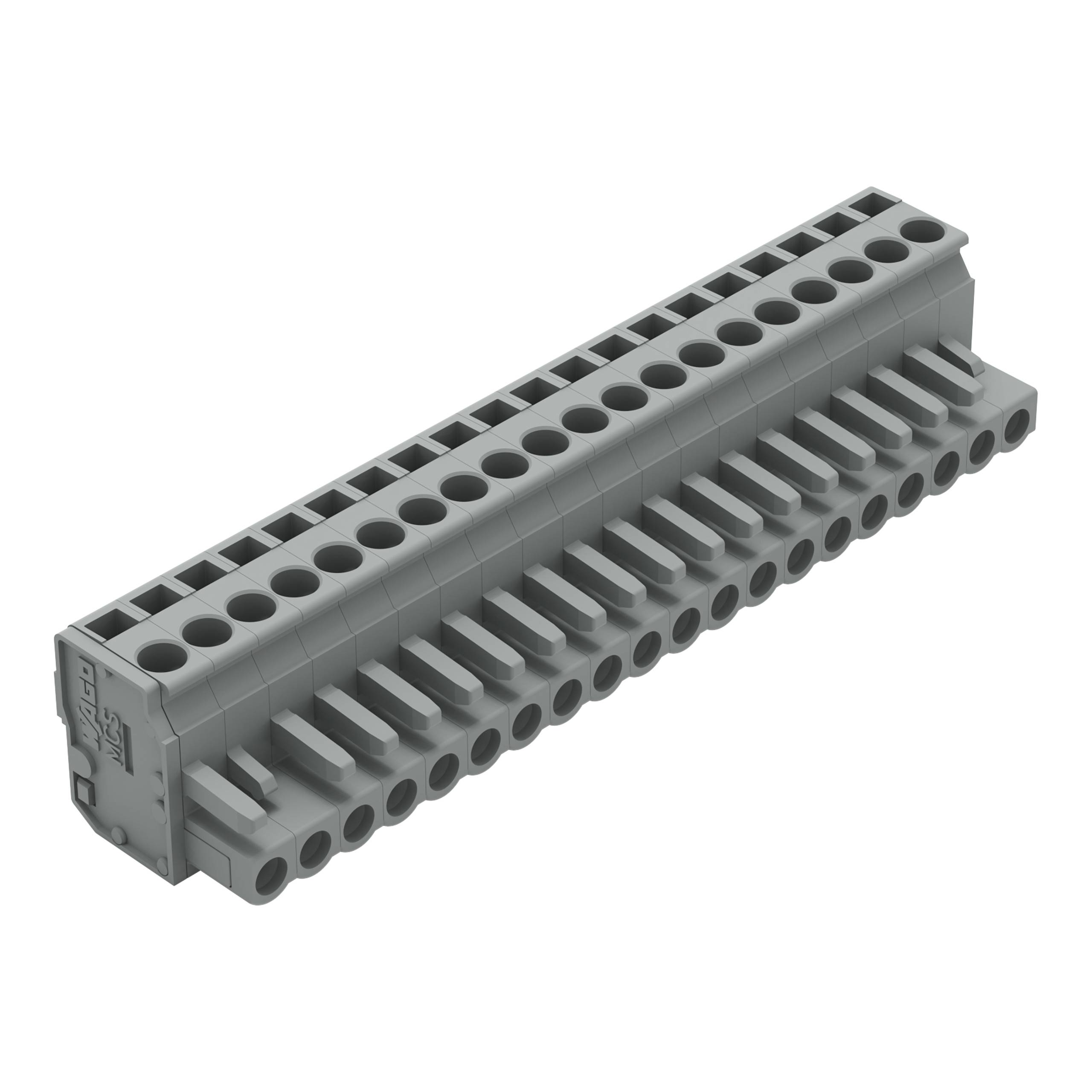 Ein graues, rechteckiges Lego Technic Verbindungsteil mit mehreren runden Löchern zum Verbinden von Teilen, aus einer angewinkelten Seitenperspektive betrachtet.