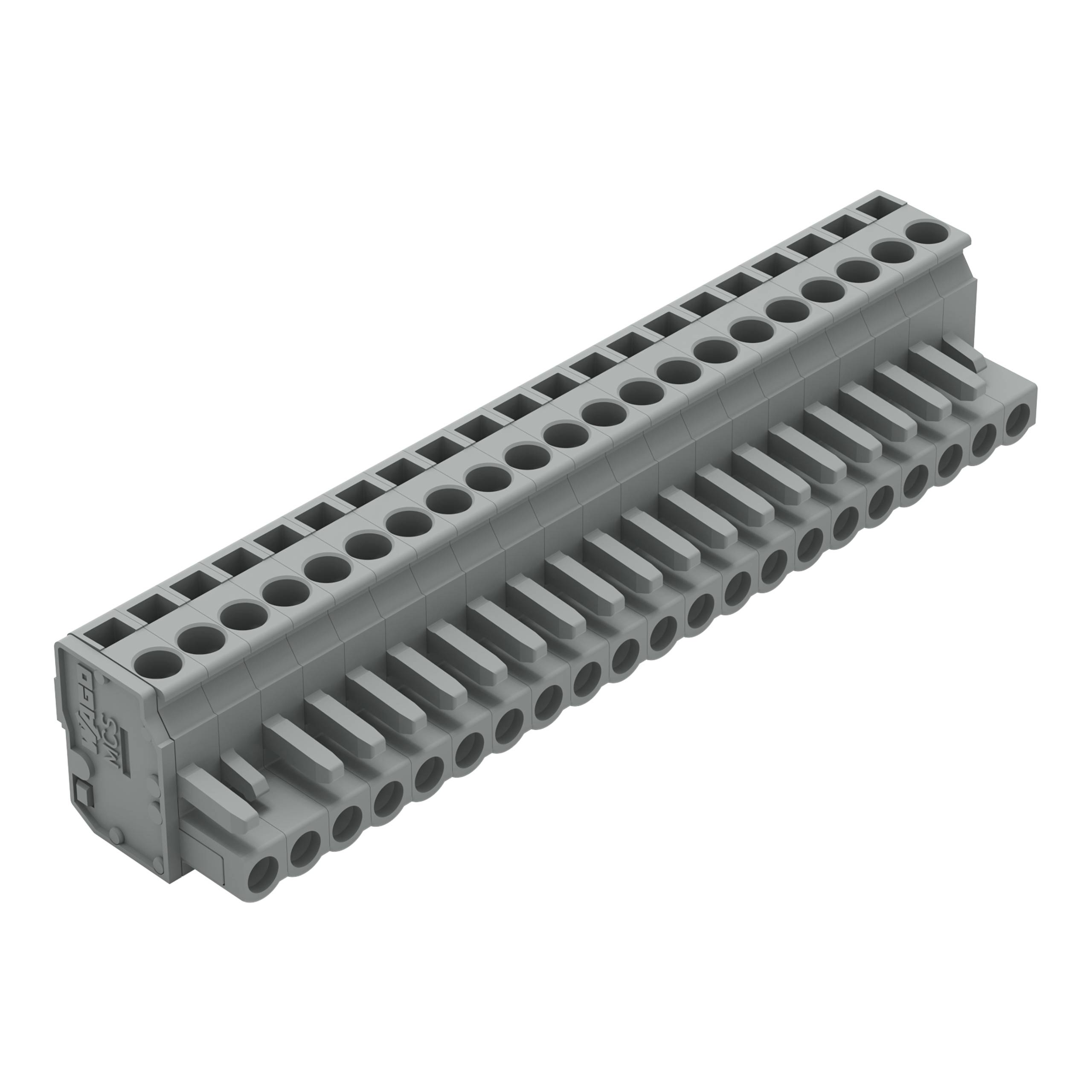 Ein graues Kunststoff-LEGO-Verbindungsteil mit mehreren zylindrischen Löchern und Rippen, das zum Befestigen anderer LEGO-Teile konzipiert ist.