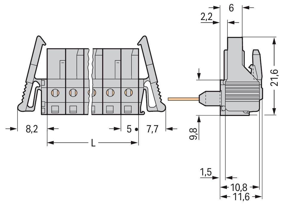 Diagramm eines elektrischen Steckers mit Maßen in Millimetern: Höhe 21,6, Tiefe 11,6, Tiefe des Drahteintritts 9,8, Breitendetails 8,2 und 7,7.