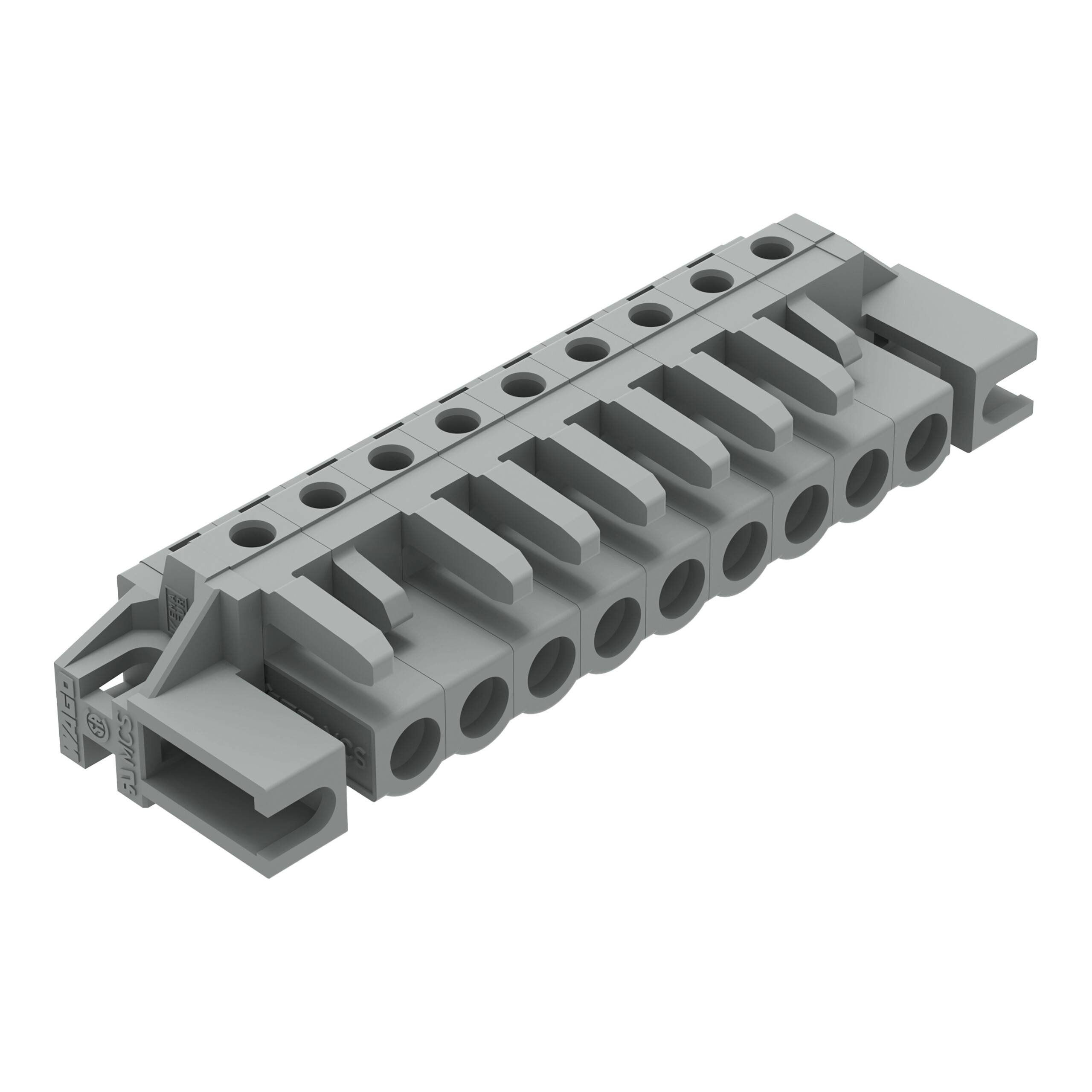 Ein grauer 10-polige Steckverbinderblock mit Drahteinführungslöchern und Befestigungspunkten zum Sichern von Elektrokabeln, verwendet für Elektronikanwendungen.
