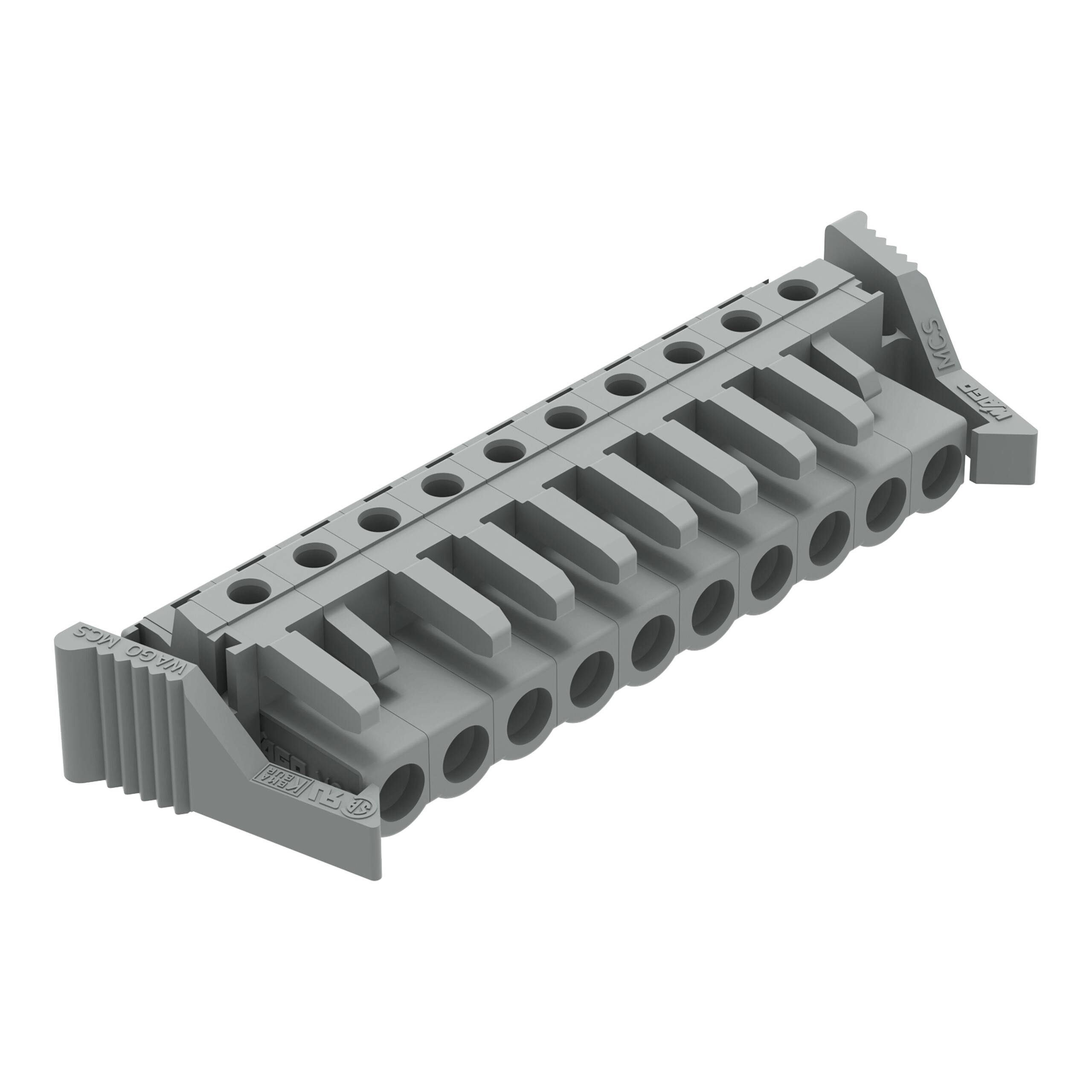 Graues LEGO-ähnliches Verbindungselement mit mehreren Schlitzen und kreisförmigen Öffnungen, das zum Verbinden anderer Bauelemente in einem Baukasten verwendet wird.