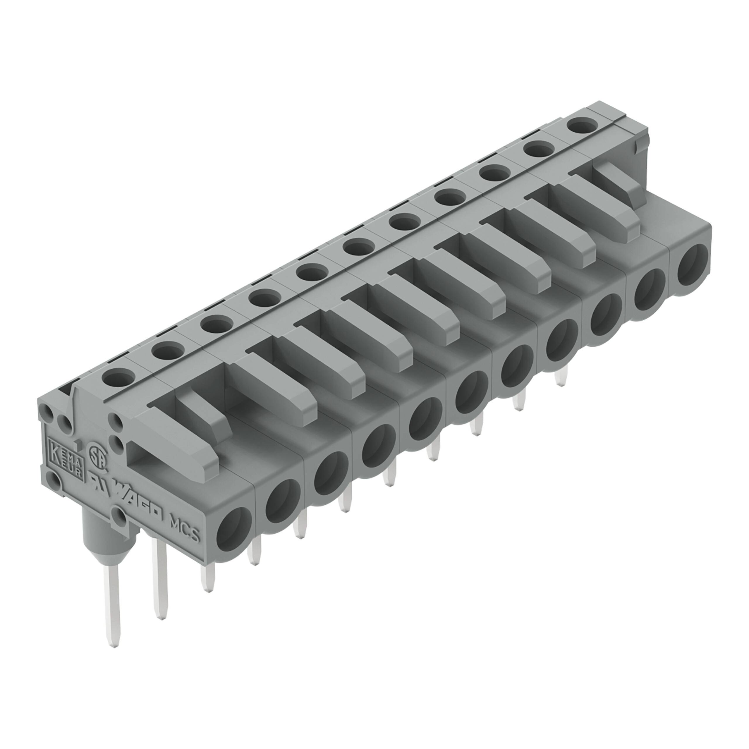 Ein grauer 10-poliger Klemmblock mit vertikalen Schlitzen und vorstehenden Stiften, der zum Anschließen von elektrischen Drähten in Geräten verwendet wird.