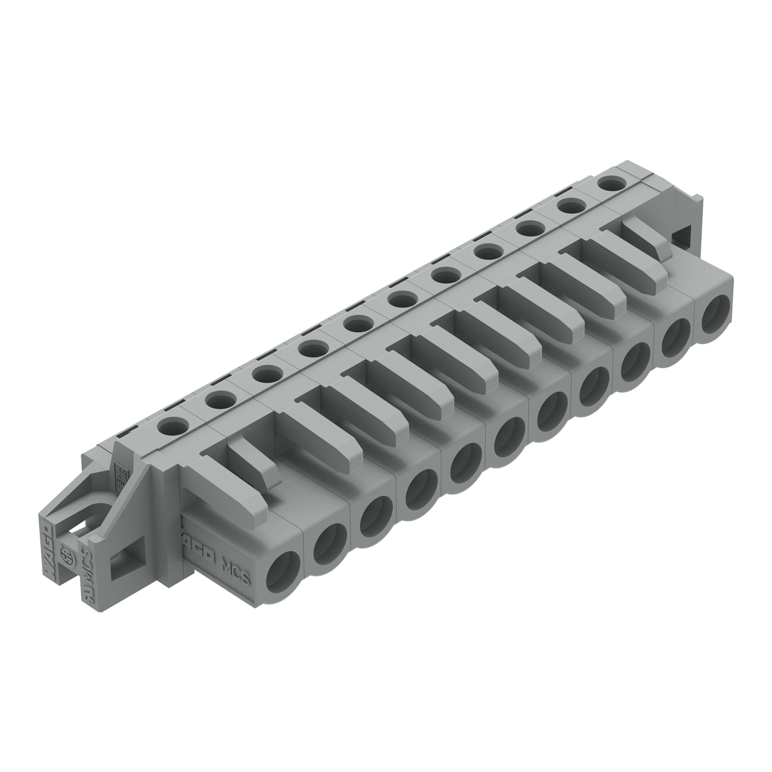 Ein graues Klemmenblock mit mehreren Verdrahtungssteckplätzen und Befestigungsmechanismus, das für elektrische Verbindungen in der Schaltungsanordnung verwendet wird.