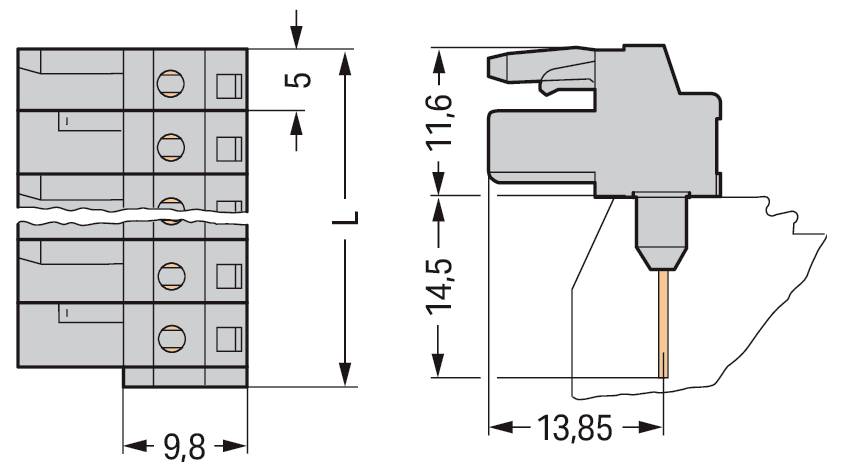 Technisches Diagramm eines elektrischen Steckers mit Messwerten: 9,8 mm Breite, 5 mm Höhe, 14,5 mm Tiefe und 13,85 mm Breite.