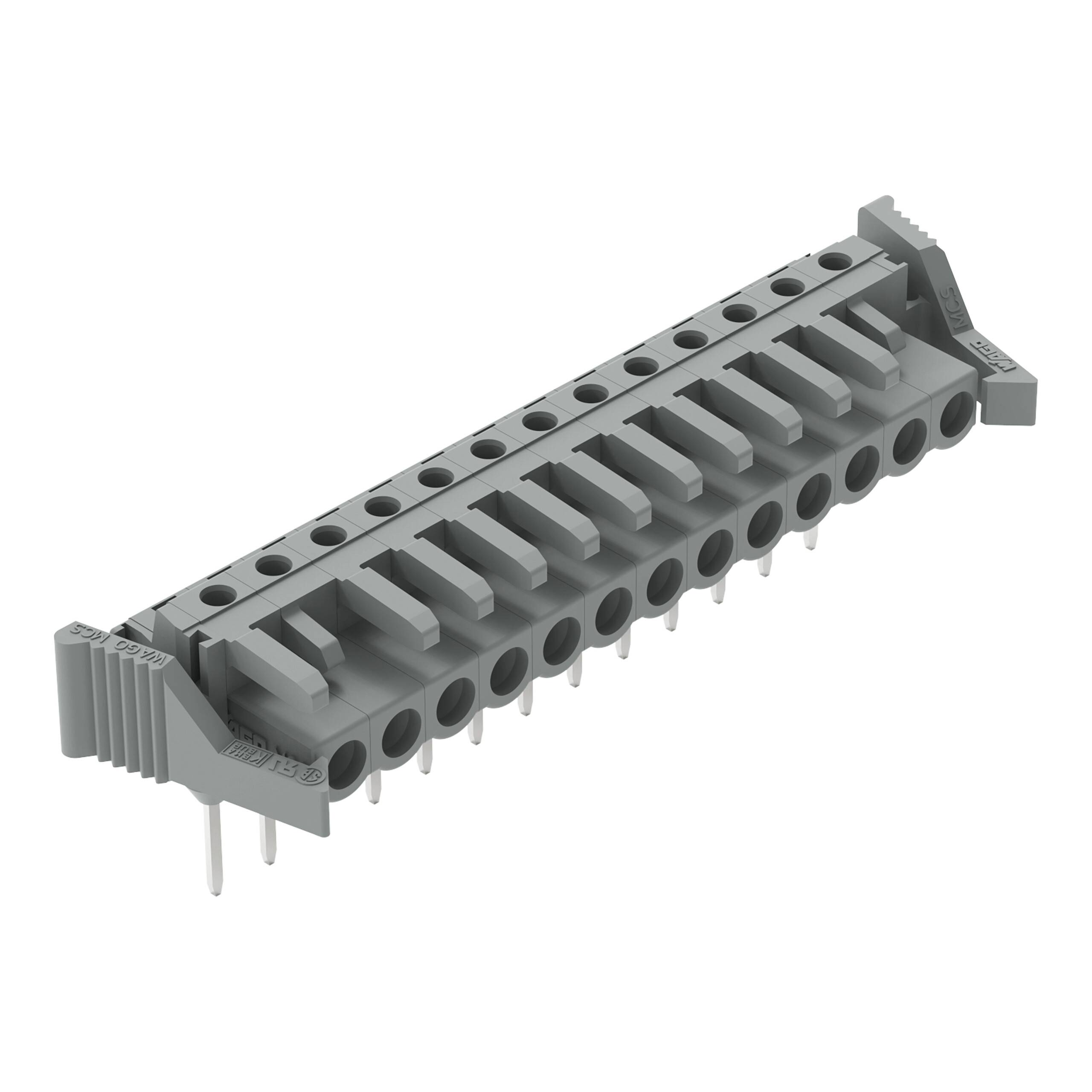 Ein graues, abgewinkeltes Anschlussleistenklemme mit mehreren Drahtverbindungspunkten und Stiften. Konstruiert zur Montage auf einer Leiterplatte für elektrische Verbindungen.