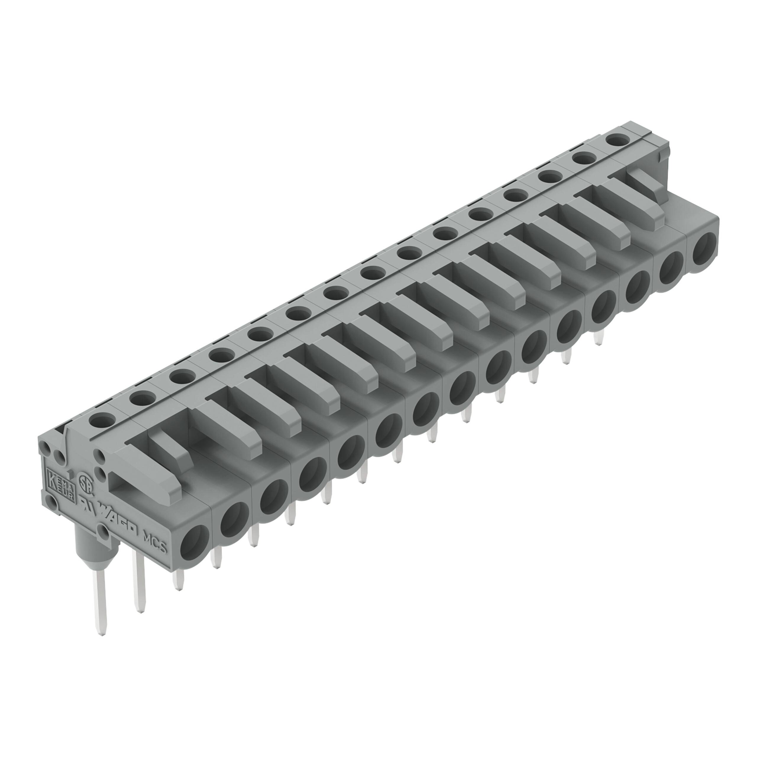 Ein grauer Klemmblock mit 12 Anschlusspunkten und senkrechten Stiften, der für elektrische Verbindungen in elektronischen Geräten verwendet wird.