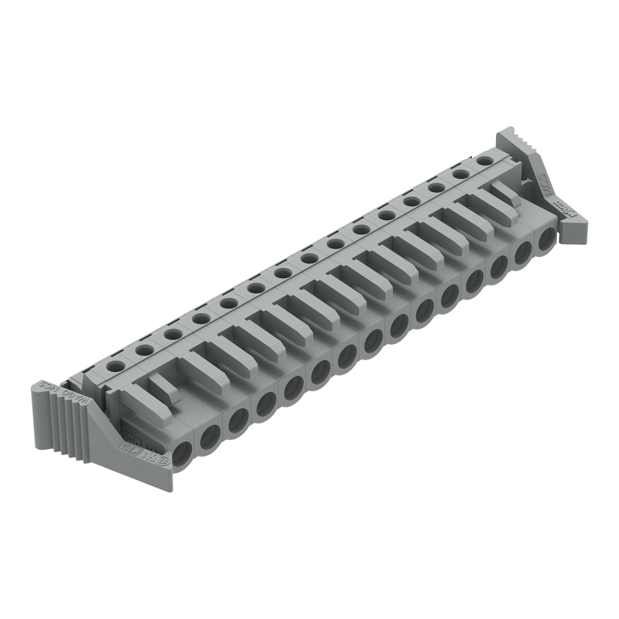 Ein LEGO Technic-Teil, grau, mit einer Reihe von gleichmäßig verteilten Löchern in zwei Reihen und zahnähnlichen Elementen an den Seiten.