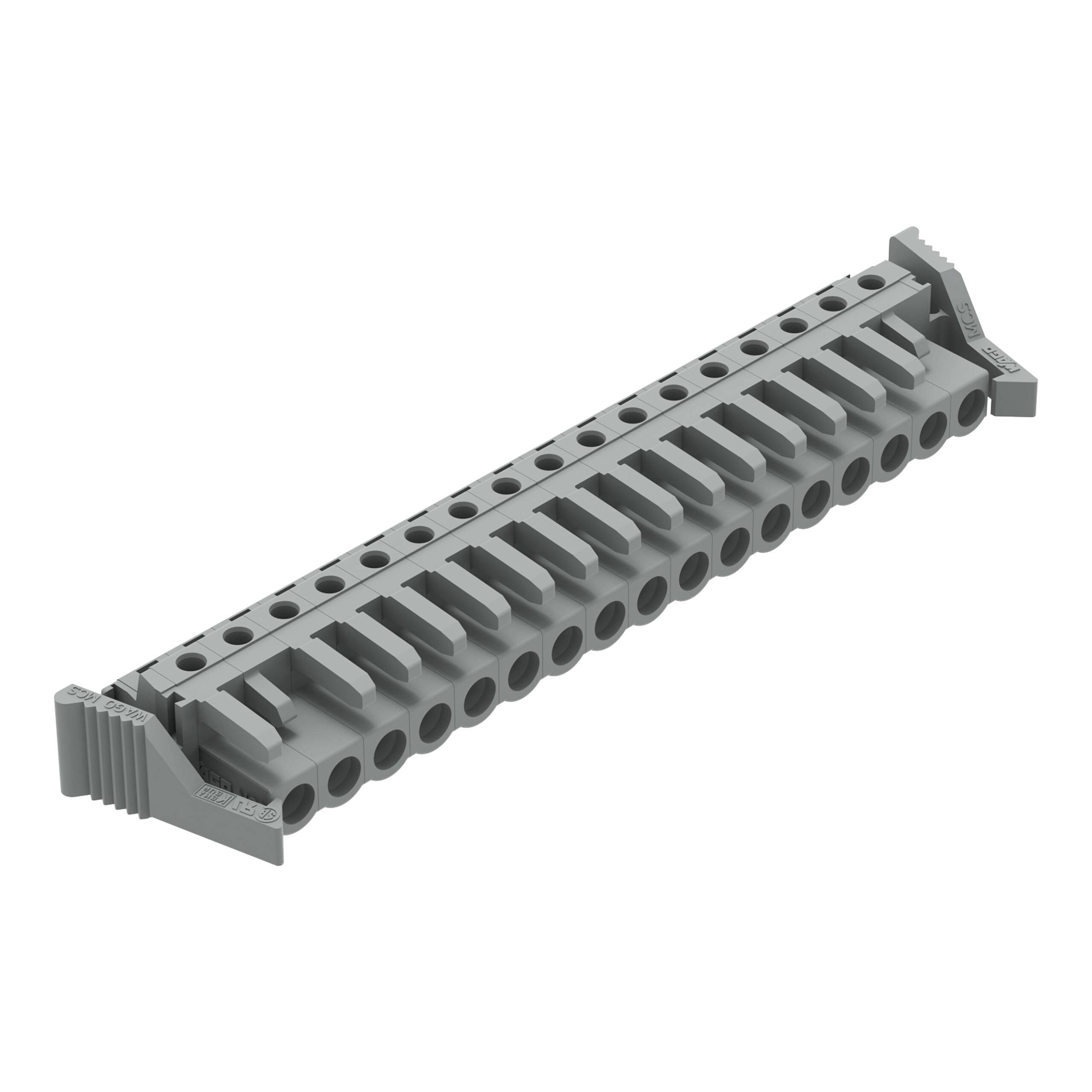 Ein graues, abgewinkeltes LEGO-Verbindungselement mit mehreren kreisförmigen Löchern zur Verbindung auf einer Seite, das in Bau- und Konstruktionsspielzeugsätzen verwendet wird.