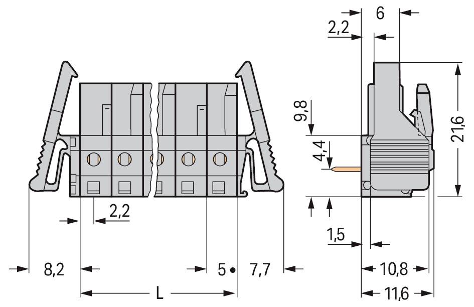 Technisches Schaltbild eines elektrischen Steckers mit Abmessungen wie 2,2 mm Breite, 21,6 mm Höhe und weiteren Angaben für Installationsreferenz.