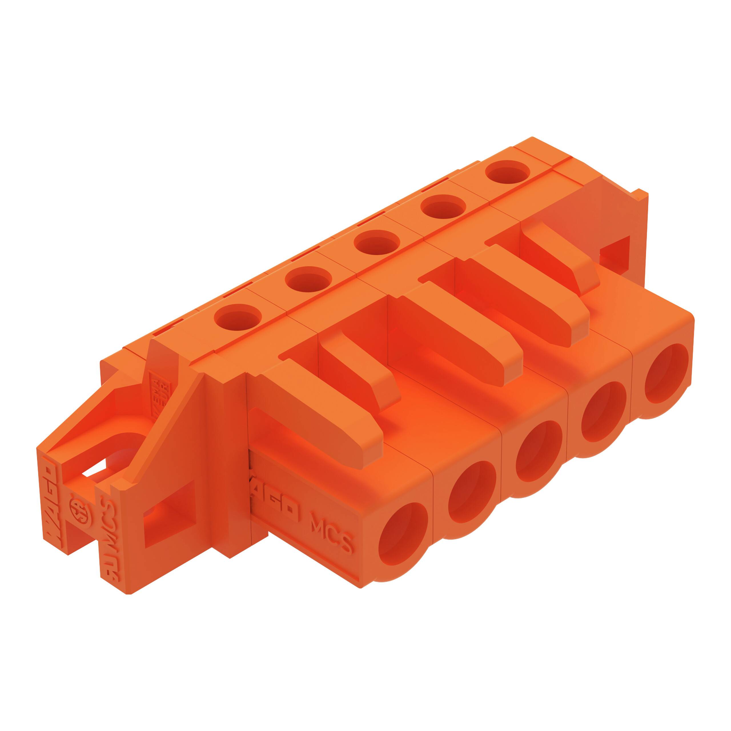 Ein orangefarbener Elektroklemmenblock mit fünf Anschlussanschlüssen in einer Reihe.