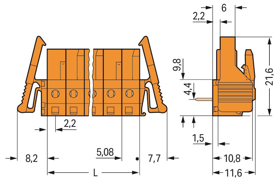 Technisches Diagramm eines orangefarbenen Elektrosteckers mit detaillierten Maßangaben in Millimetern, das verschiedene Abmessungen und Ansichten zeigt.