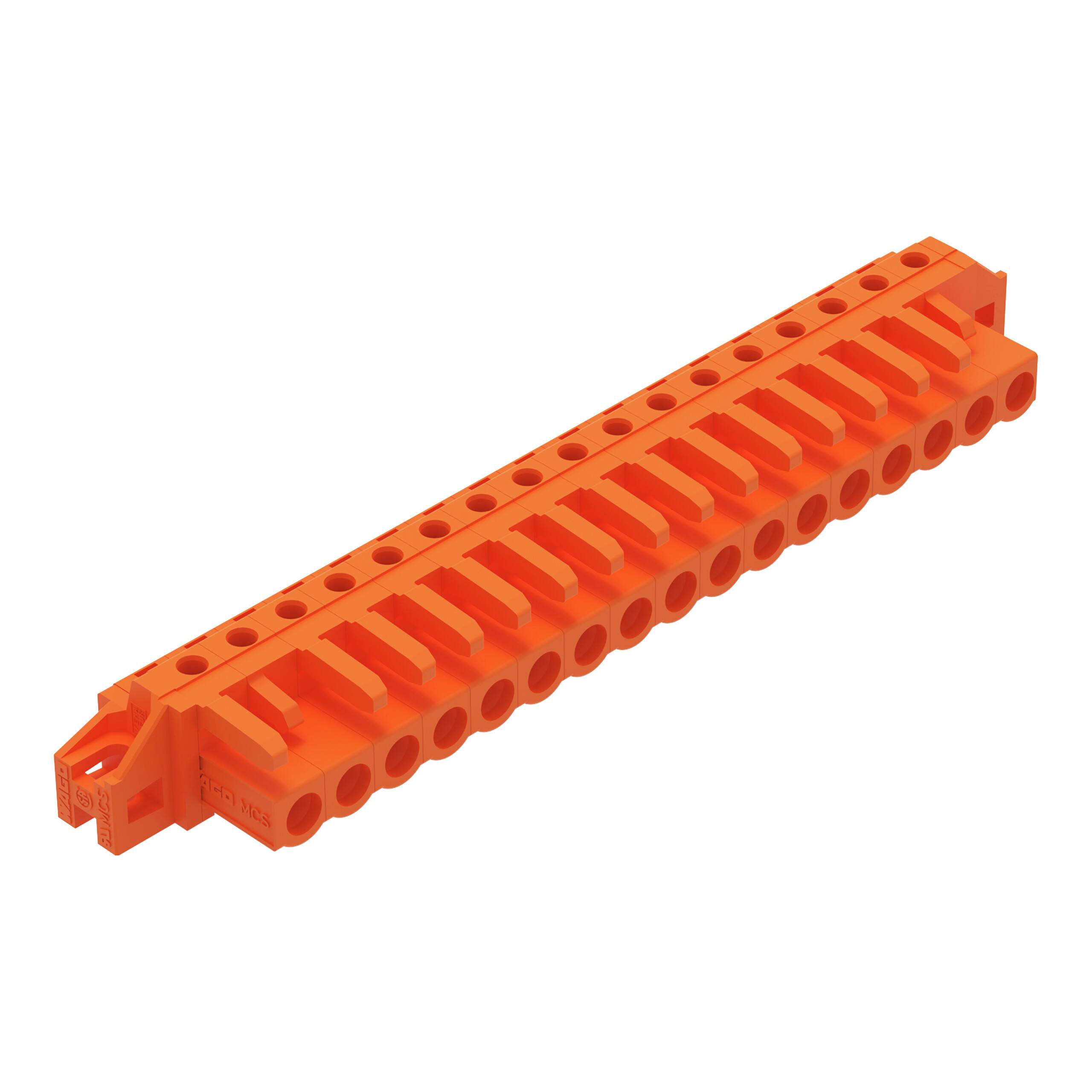 Orangefarbener Klemmblock für elektrische Verbindungen mit zweiundzwanzig Anschlüssen, entwickelt zur Organisation von Drähten in elektrischen Schaltschränken.