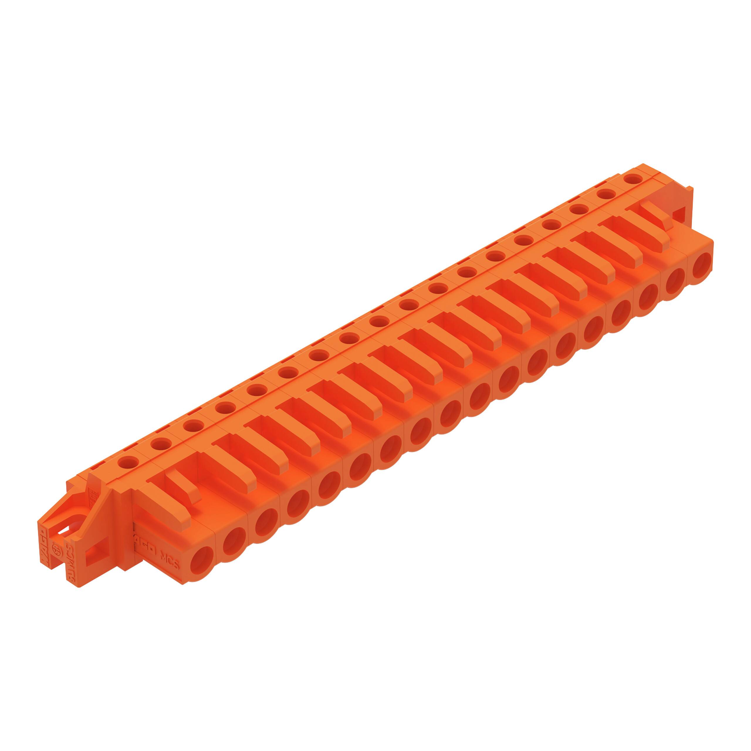 Ein orangefarbenes Klemmleistengehäuse mit mehreren Anschlüssen, das zur Anordnung und Sicherung von Drähten in elektrischen Anwendungen verwendet wird.
