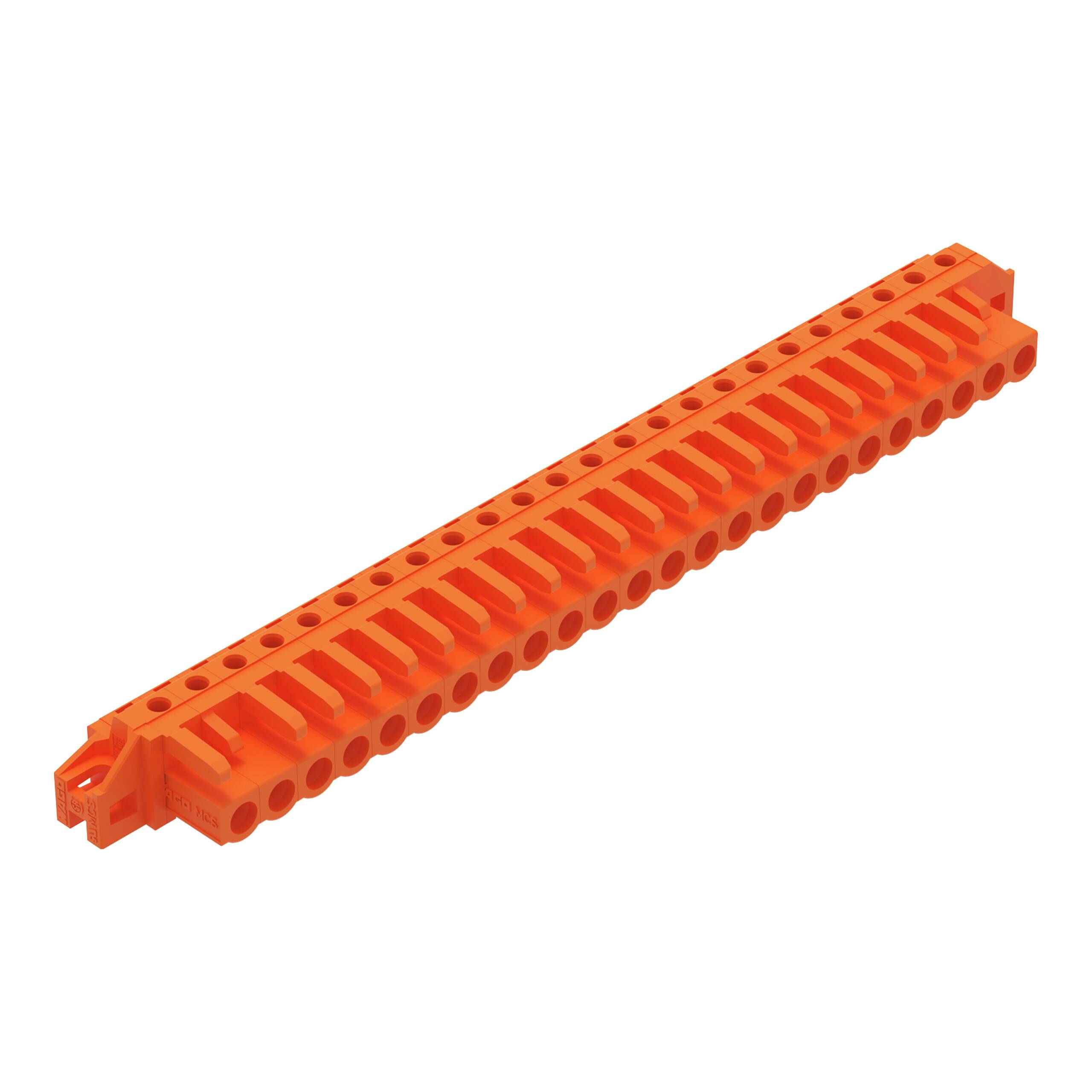 Ein orangefarbener Klemmblock mit mehreren Anschllusspunkten, entwickelt für Elektroverkabelung und Schaltungsanwendungen.