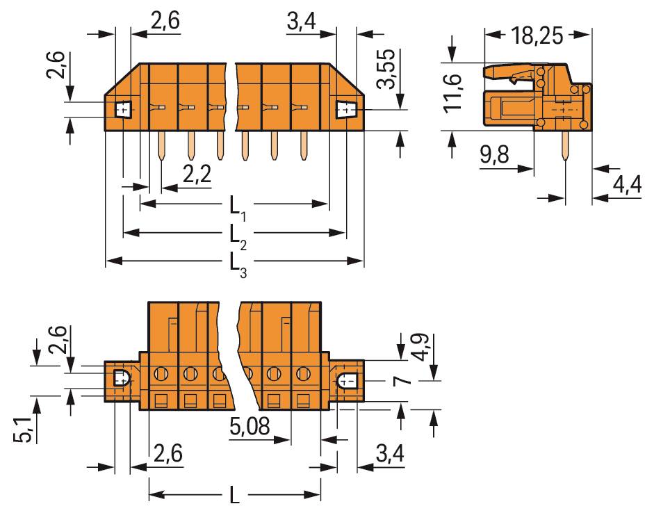 Technisches Schaltbild eines Elektrosteckers mit Abmessungen: 2,6, 3,4, 3,55, 11,6, 9,8, 18,25, 4,4, 4,4, 2,2, 5,08, 5,1, 3,4.