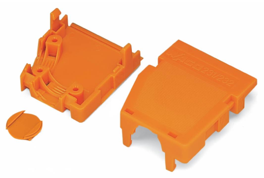 Orange Kunststoffkomponenten, bestehend aus zwei separaten Teilen, die zusammengeklappt werden können, und einem kreisförmigen Teil, die für elektronische oder mechanische Montage verwendet werden.