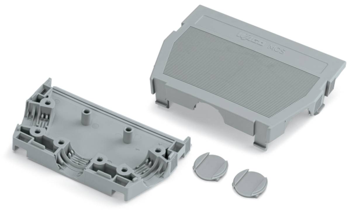 Ein graues Kunststoff-Elektronikgehäuse bestehend aus zwei abnehmbaren Teilen und zwei runden Steckverbindern.