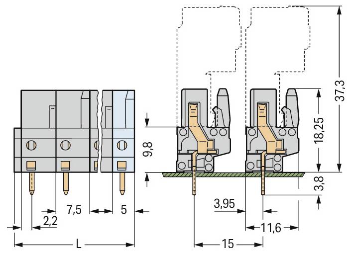 Diagramm eines Relaisschalters mit Abmessungen: Breite 7,5 mm, Höhe 37,3 mm, Pinabstand 2,2 mm. Seiten- und Querschnittansichten enthalten.