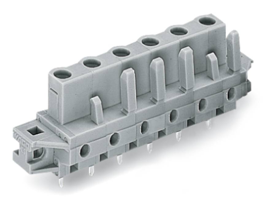 Ein grauer, rechteckiger elektronischer Stecker mit mehreren Pins und Anschlussöffnungen, der zum Verbinden von elektrischen Komponenten verwendet wird.