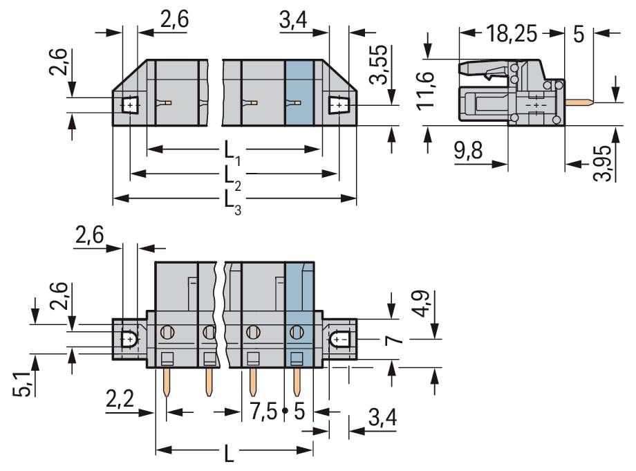 Technisches Schaltbild von Elektrosteckverbindern mit Maßangaben in Millimetern, das Draufsicht und Seitenansicht zeigt, einschließlich Abmessungen und Stiftanordnung.