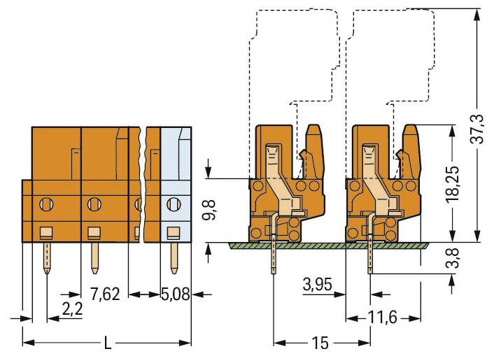 Technische Zeichnung einer elektrischen Komponente, die Abmessungen und Schnittansichten zeigt; Haupthöhe 37,3 mm, Drahtanschllussklemmen sichtbar.