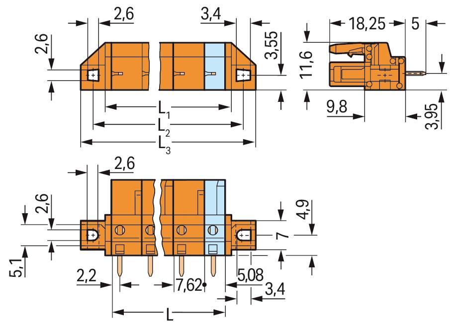 Technische Zeichnung mit Abmessungen eines orangefarbenen elektrischen Steckers. Mehrere Ansichten mit Maßstäben heben spezifische Merkmale und Größen hervor.