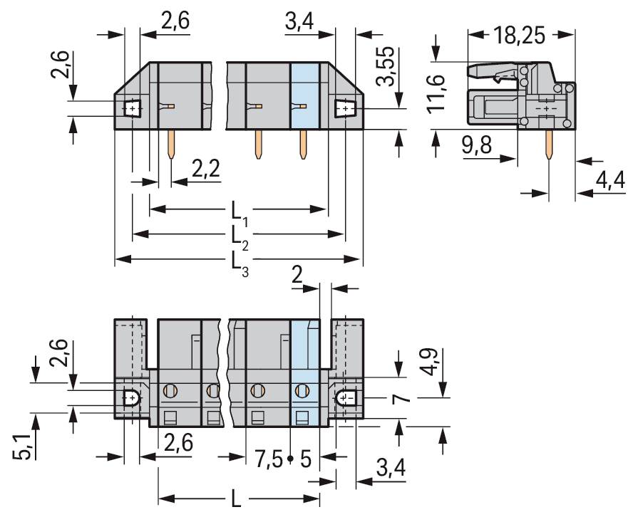 Technische Zeichnung einer elektrischen Komponente mit Maßangaben in Millimetern, die Vorder-, Seiten- und Draufsicht zeigt und Abmessungen sowie Anordnung für die Montage darstellt.