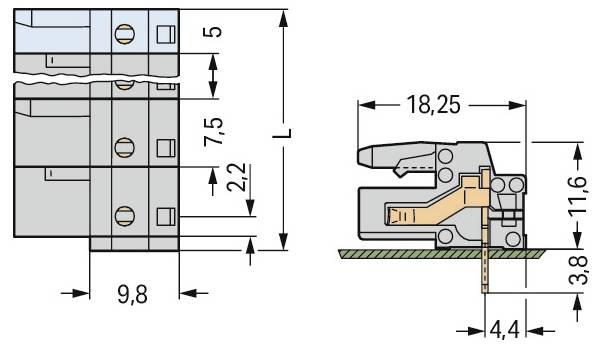 Diagramm mit den Abmessungen elektrischer Komponenten: 9,8 mm Breite, 7,5 mm Höhe, 18,25 mm Länge und zusätzliche gekennzeichnete Teile.