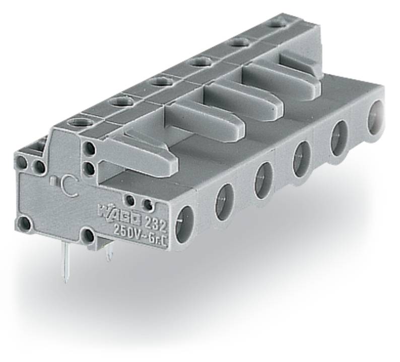Ein graues Elektroklemmleistenblock mit mehreren Anschlüssen mit der Bezeichnung „WAGO 232, 250V-6