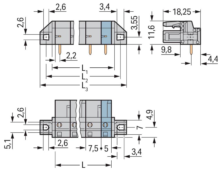 Technisches Diagramm eines Elektrosteckers mit detaillierten Maßangaben. Die Seitenansicht zeigt eine Höhe von 11,6 und eine Breite von 18,25. Die Draufsicht zeigt mehrere gekennzeichnete Abmessungen.